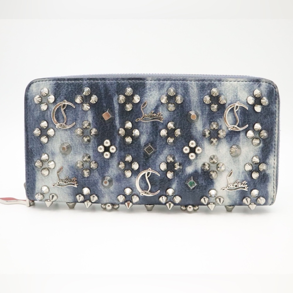 Christian Louboutin Spiked Zippy Wallet Blue White Red  Leather